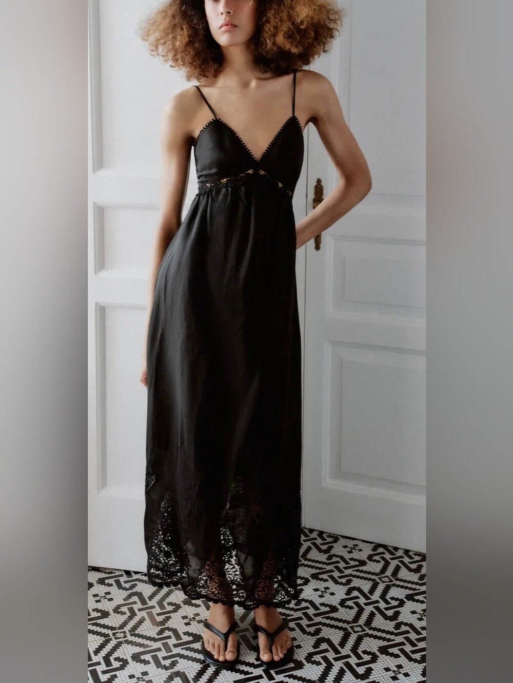 ZARA Size M Embroidered Dress in black, adjustable straps and lace trim.